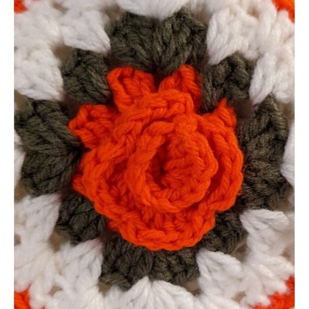 Crocheted Pot Holders Roses Flowers Boho Handmade Orange Decorative MCM Vtg Home